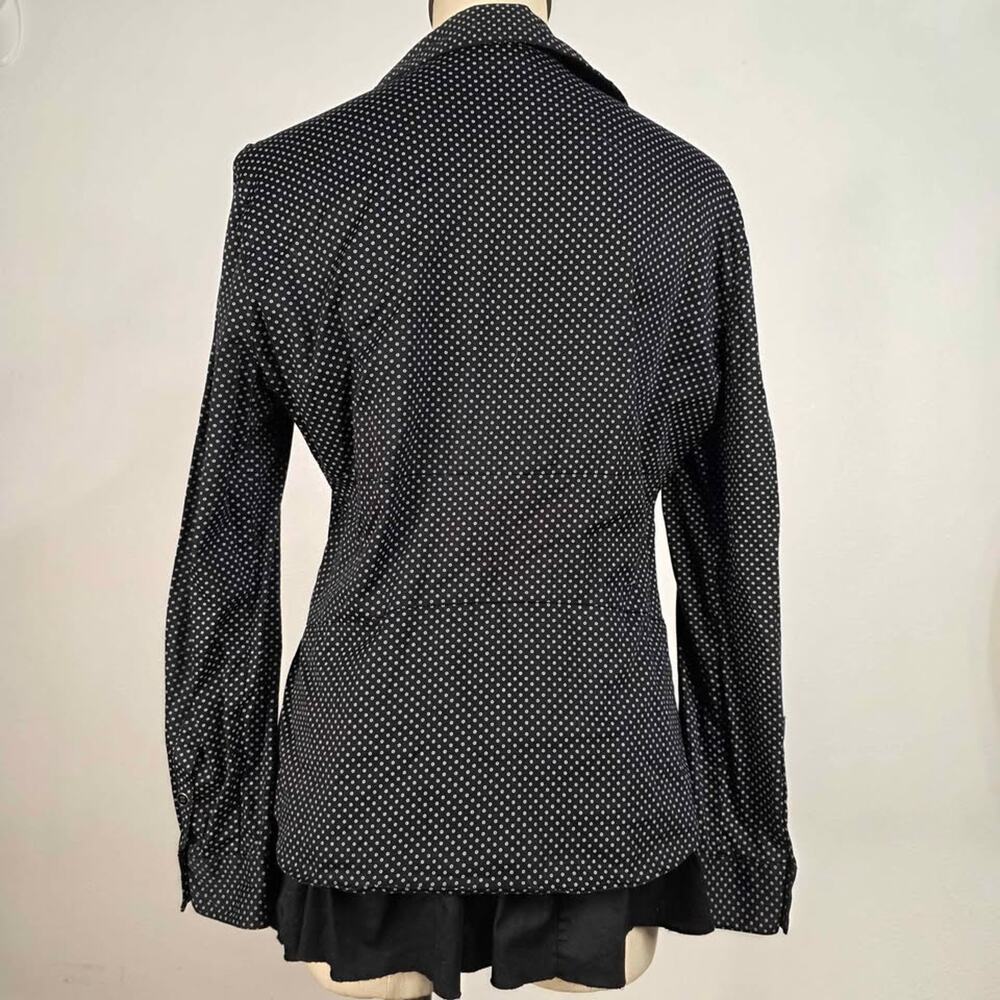 Y2K Ruched Fitted Blouse Black Micro Dot Button Up Size Large Office Siren - Picture 2 of 10